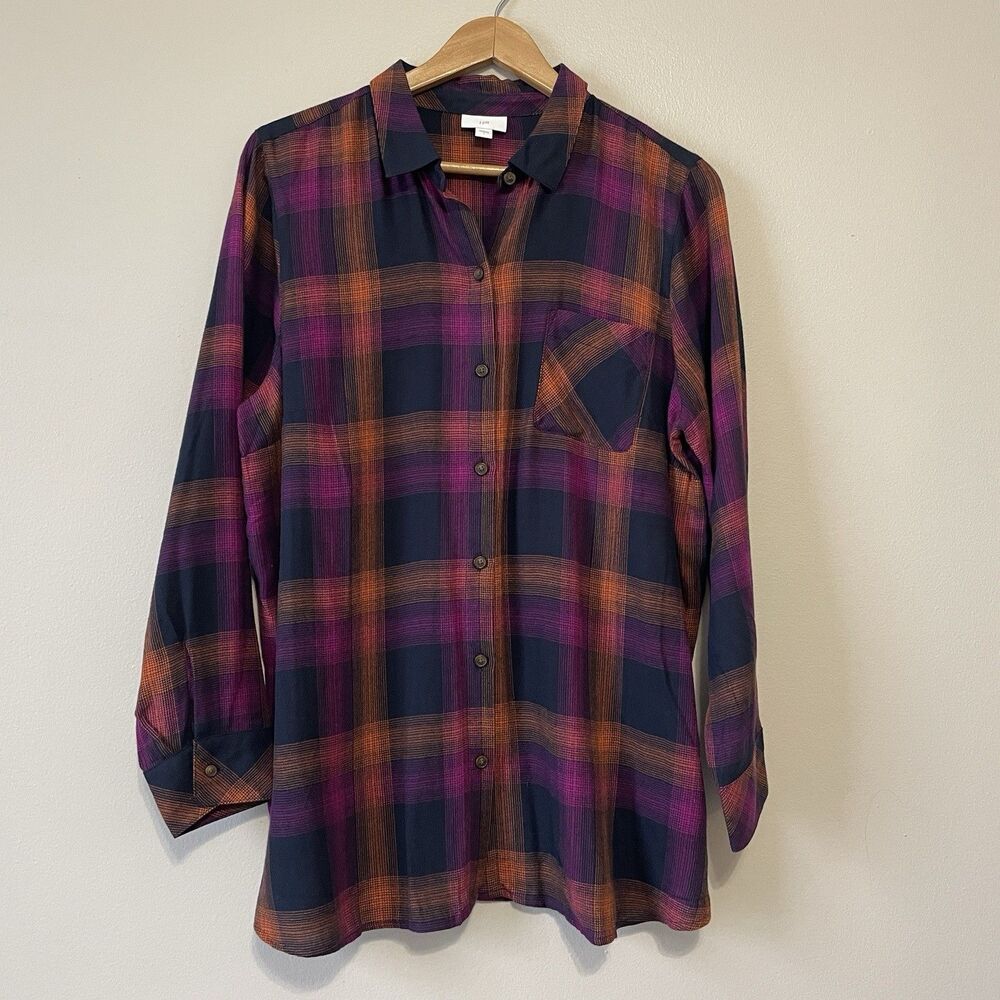 J Jill Plaid Tunic Top L Button Down Cotton Modal Soft Casual Office Classic